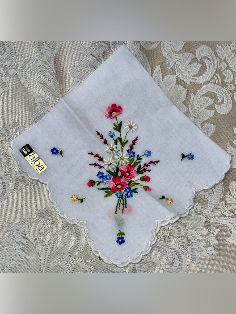 Alba Swiss Embroidered Floral MCM VTG White Cotton Handkerchief Scalloped Edge